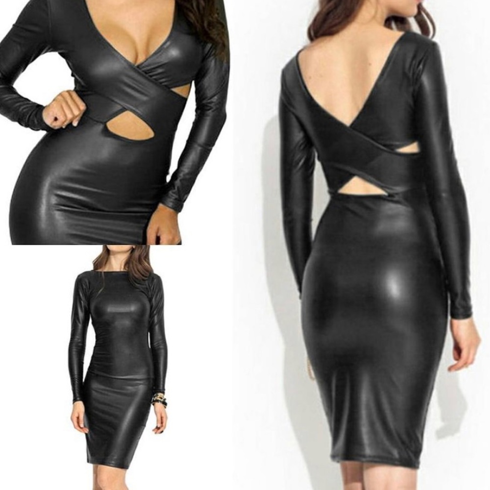Black Faux Leather Reversible Midi Dress